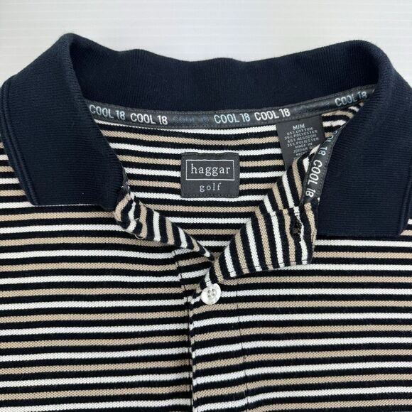 Haggar Golf Cool 18 Polo Shirt Men's Medium Black Tan White Striped Short Sleeve - Picture 2 of 7
